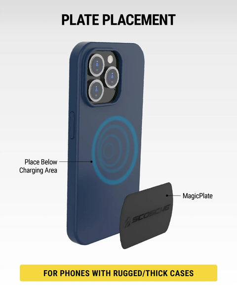 Premium Replacement Metal Plate Kit For Universal Magnetic Car Phone Mounts, showing plate placement on a thick phone case.