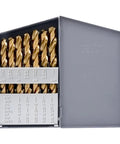 Front view of a 29-piece cobalt drill bit set in a metal index storage box