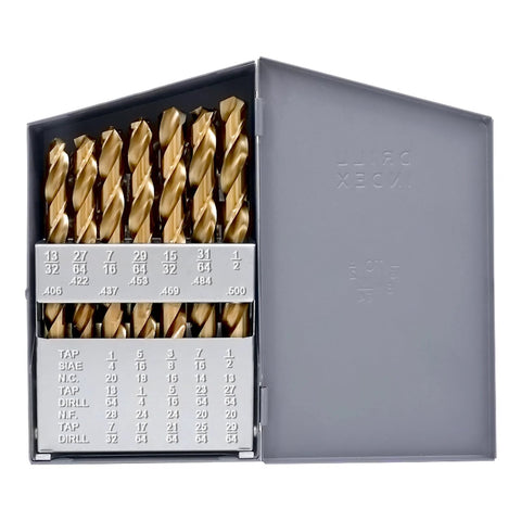 Front view of a 29-piece cobalt drill bit set in a metal index storage box