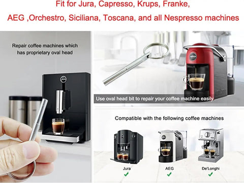 Coffee Machine Repair Key Set With Gasket Pack And Magnetic Wrench for Jura Capresso and other brands shown with machines.