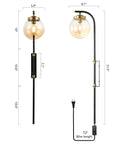 Dope Black Globe Shade Wall Sconces Set Of 2, Modern Indoor Plug-In Lamps With Easy Switch, dimensions and wire length shown