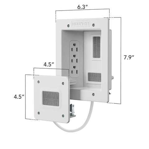 In Wall TV Cable Concealer Kit With Recessed Power Triple Outlet 9 Ft Cord And Hand Saw For Easy Safe Cable Management And A Clean Modern Look In Living Rooms Bedrooms And Home Theaters, 6.3 x 7.9 in white wall plates