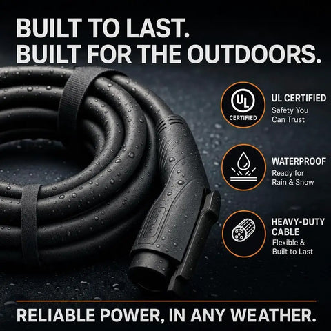 Premium Sae J1772 Level 2 Electric Vehicle Charging Cord with waterproof design, coiled and ready for outdoor use.