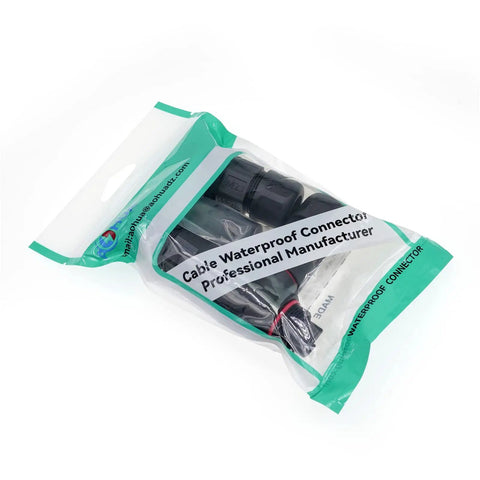 Heavy Duty M23 Three Way T Shape Junction Box With Tank Ready IP68 Waterproof Seal in package, pro grade outdoor cable splitter.
