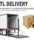 LTL delivery truck with open ramp and pallet with box, appointment and signature required notice displayed.