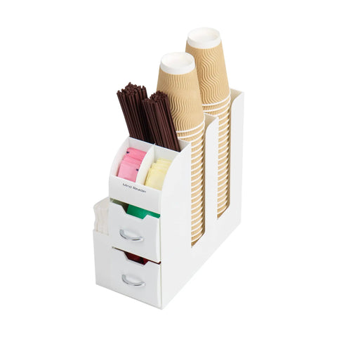 Cup and Condiment Station for Coffee Bar and Kitchen Go To Space Saving Countertop Organizer with Stirrers Durable White Plastic