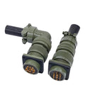 Two olive-drab MIL-C circular connectors with screw collars and multi-pin ends.