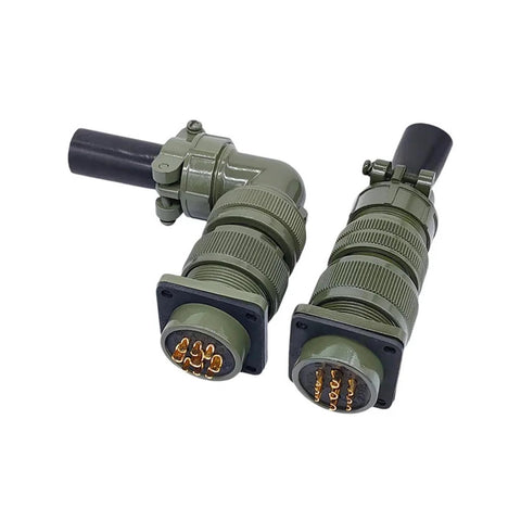 Two olive-drab MIL-C circular connectors with screw collars and multi-pin ends.
