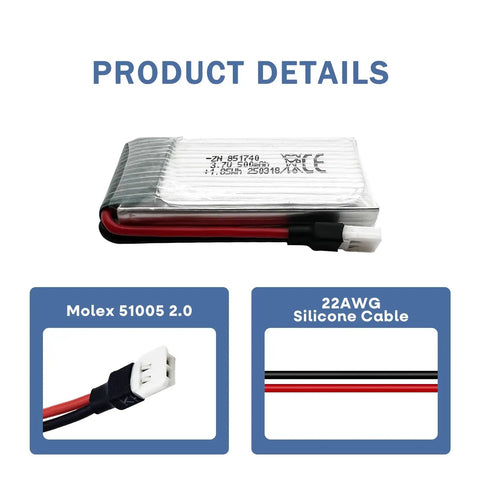 Close-up of 5 Pack 3.7V 500mAh LiPo Batteries with 5-In-1 USB Charger showing Molex 51005 2.0 connector and 22AWG silicone cable