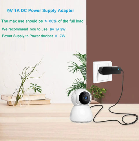9V DC Power Supply 1A AC Adapter 100 240V Input 50 60Hz 9V Output 1A Max 10W With 4.6Ft Cable powering a small camera