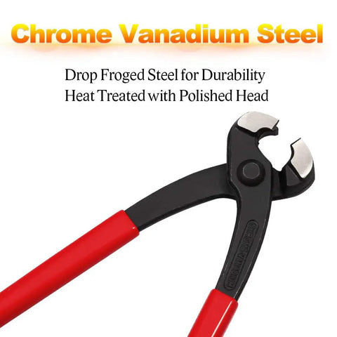 9 Inch Ear Clamp Pliers With Front And Side Jaw For Pinching 1 Or 2 Ear Clamps On CV Boots Hoses Fuel And Coolant Lines In Air Systems And Compressors Drop Forged Chrome Vanadium Steel Durable Workhorse Tool, chrome vanadium steel head with red grips