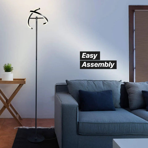 Halo Split LED Torchiere Floor Lamp dimmable bright light tall standing lamp in living room with couch and plant