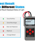 12V 24V Battery Tester For Cars And Light Trucks Cranking And Charging Checker 40 2000 CCA Range Tests Flooded AGM Gel Batteries Shows SOH And Alternator Health Auto Battery Analyzer Tool displaying test result status lights and battery type screen