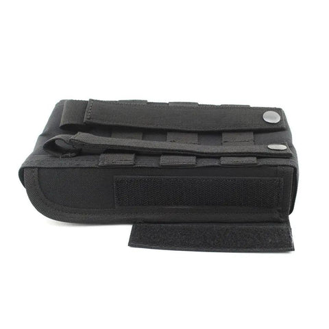 25 Rounds Shotgun Shell Pouch MOLLE Carrier Compact Foldable Ammo Bag for 12G 20G in black shown folded with MOLLE straps