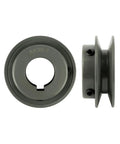 Front and side view of Beefy Double Groove 2.5 Inch V Belt Pulley with fixed bore and quarter inch keyway in cast iron.