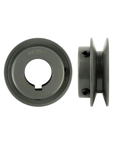 Front and side view of Beefy Double Groove 2.5 Inch V Belt Pulley with fixed bore and quarter inch keyway in cast iron.