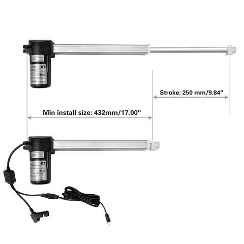 Heavy Duty Linear Actuator Replacement Motor For Power Recliner And Lift Chairs Smooth Ride Setup With 2 Pin Power Plug and 5 Pin Hand Control image showing dimensions and stroke measurements.