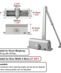 Automatic Door Closer With Adjustable Closing Speed And Hydraulic Action For Commercial And Residential Use No Slam Soft Close Gate Spring For Wooden Doors Aluminum Body Hands Free Operation, silver aluminum closer with measurements.