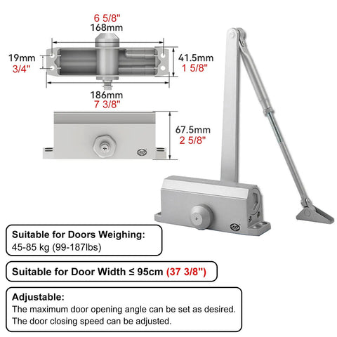 Automatic Door Closer With Adjustable Closing Speed And Hydraulic Action For Commercial And Residential Use No Slam Soft Close Gate Spring For Wooden Doors Aluminum Body Hands Free Operation, silver aluminum closer with measurements.