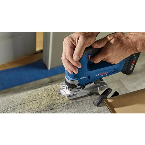 User cutting wood with 18V Brushless Top Handle Jig Saw With 3500 No Load Strokes Per Minute Die Cast Aluminum Footplate With No Mar Overshoe Variable Speed Control 0 To 3500 SPM Bare Tool For Pros