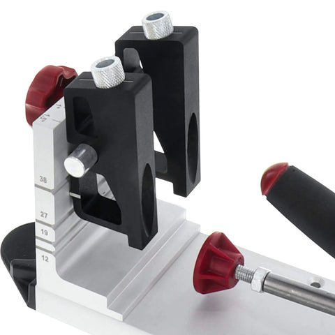 Close-up of Pocket Hole Jig 400 Self Clamping Kit With Adjustable Bushing Blocks And Two Three Eighths Drill Guides