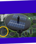 1.6W Solar Powered Pump Kit for Outdoor Water Features and Floating Fountains, shown with parts and water spray setup.