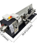 QYLTTDM 900W Mini Metal Lathe Machine with dimensions 50.8' x 13.6' x 17.3', designed for turning and drilling small parts.