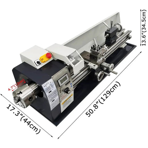 QYLTTDM 900W Mini Metal Lathe Machine with dimensions 50.8' x 13.6' x 17.3', designed for turning and drilling small parts.