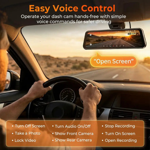 Driver uses voice control on 12 Inch Mirror Dash Cam With Crystal Clear 4K UHD Front And 2.5K Rear, GPS, G Sensor, in a car.
