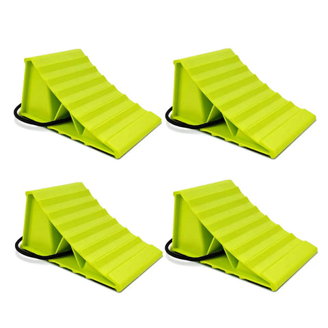 No Hassle 4 Pack Wheel Chocks For Travel Trailers And Campers Dual Wheel Stopper Set With Non Slip Base Heavy Duty Green Wheel Blocks