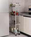 Hella Sturdy 5 Tier Metal Storage Rack With Swivel Wheels For Kitchen Or Pantry Heavy Duty Adjustable Shelving Unit, silver finish with jars.