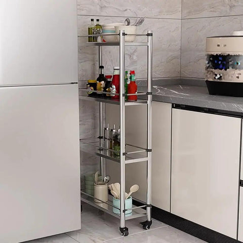 Hella Sturdy 5 Tier Metal Storage Rack With Swivel Wheels For Kitchen Or Pantry Heavy Duty Adjustable Shelving Unit, silver finish with jars.