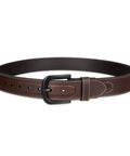 Men Genuine Leather Belt With Tonal Stitch Heavy Duty Brown Work Strap straight on view showing buckle and stitching detail.