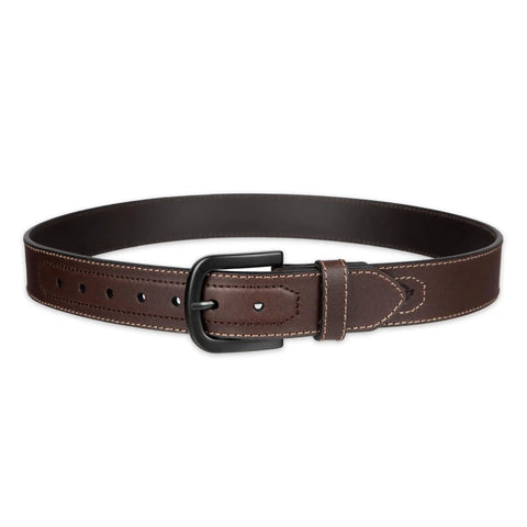 Men Genuine Leather Belt With Tonal Stitch Heavy Duty Brown Work Strap straight on view showing buckle and stitching detail.