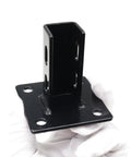4 Pack 2020 Aluminum T Slot Floor Mount Base Bracket Corner Connector Heavy Duty Carbon Steel Anchor Kit With M6 Bolts For Built Tough Shop Rigging Projects, black bracket held by hand.