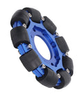 Omni wheel, blue aluminium alloy hub with black silicone rollers for robot DIY projects (close-up)