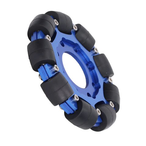 Omni wheel, blue aluminium alloy hub with black silicone rollers for robot DIY projects (close-up)