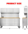 Front and side view of 72 Inch Rolling Tool Cabinet With 15 Drawers Mobile Workbench Chest Stainless Steel Pegboard