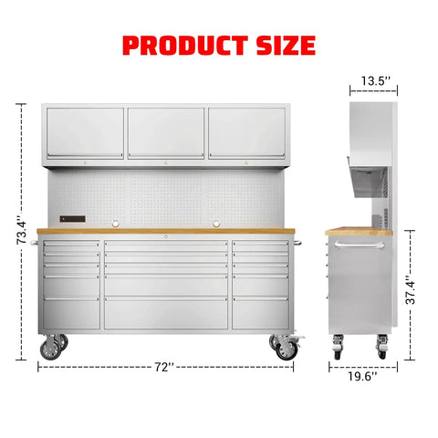 Front and side view of 72 Inch Rolling Tool Cabinet With 15 Drawers Mobile Workbench Chest Stainless Steel Pegboard