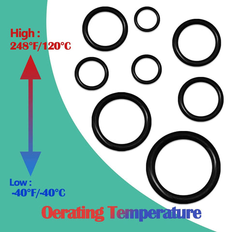Various sizes of 1020 Piece O Ring Kit With 20 Sizes Nitrile Rubber O Rings 1mm To 25mm Inner Diameter For Car Auto Vehicle Repair Faucet Plumbing Air And Gas Sealing Connections Oil And Heat Resistant NBR shown with temperature range.
