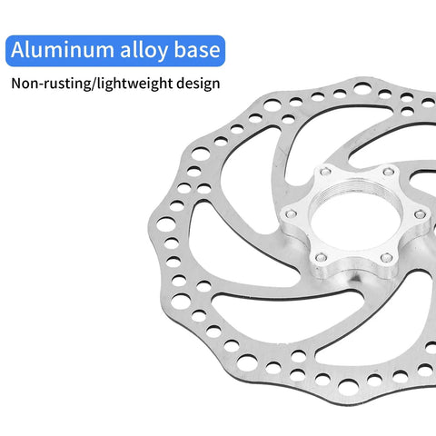 Half view of 160mm stainless steel mountain bike disc brake rotor, aluminum alloy base, 6-bolt pattern for threaded hubs.
