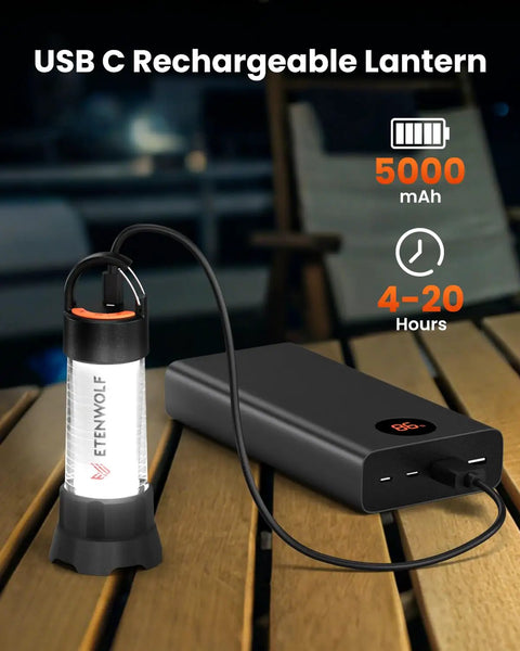 Ultra Bright Camping Lantern With 1000LM LED Floodlight And 5000mAh Battery, USB-C charging on table.