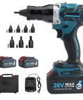 Heavy Duty Cordless Electric Rivet Gun With 5200mAh Dual Batteries For Quick Blind Fastening And Nut Assembly Compatible With M3 Through M12 Steel And Aluminum Hardware Built Rock Solid For Job Sites with accessories and 26V batteries.