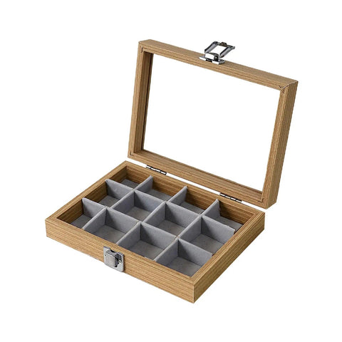 Premium Solid Wood Stackable Jewelry Tray Featuring 12 Grids For Earrings And Trinkets Pro Grade Display Organizer Box with open lid