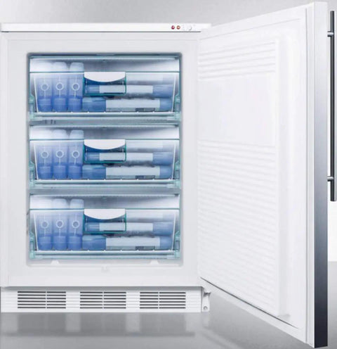 Rock Solid Upright Freezer Zero Hassle Freestanding Or Built In Configuration For Serious Cold Storage Workhorse You Can Depend On Every Single Day, showing multiple clear storage bins.