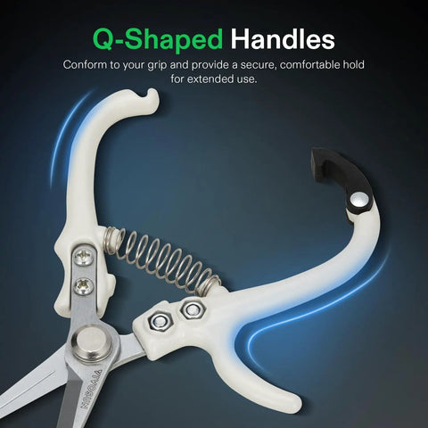 Beast Mode Pruning Shears For Gardening With SK5 Blades Lightweight Plant Cutters showing ergonomic Q-shaped handles