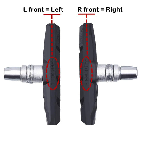 Side view of V Brake Pads 70mm Set with hex nuts and spacers for bicycle, black finish, labeled left and right orientation.