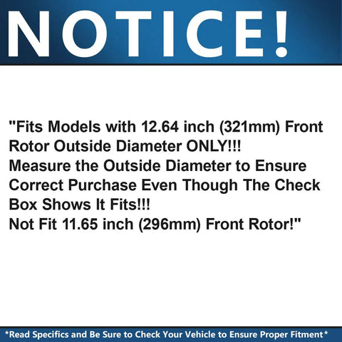 Notice sign detailing specifications for front brakes kit, emphasizing 12.64 inch rotor requirement for proper fitment.