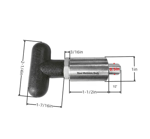 Rock Solid Half Inch T Handle Locking Pull Pin With Spring Loaded Release And Durable Nylon Grip engineered for custom shop rigs, showing dimensions.