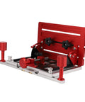 Adjustable Woodworking Backer Clamp for Table Saw with heavy-duty aluminum back plate, shown in red, fits various board sizes.
